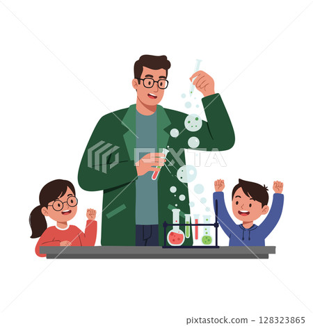 Science teacher conducting chemistry experiment with excited kids in classroom vector illustration 128323865