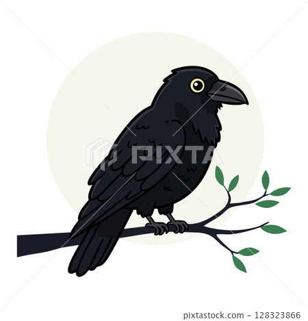 Black Crow Perched on Tree Branch Vector Illustration in Minimalist Style 128323866