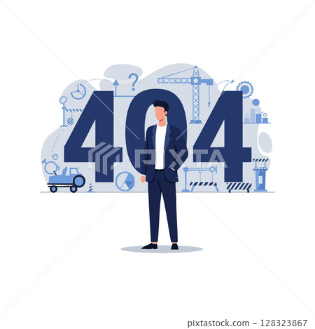 Businessman standing confused in front of 404 error with industrial background vector illustration 128323867