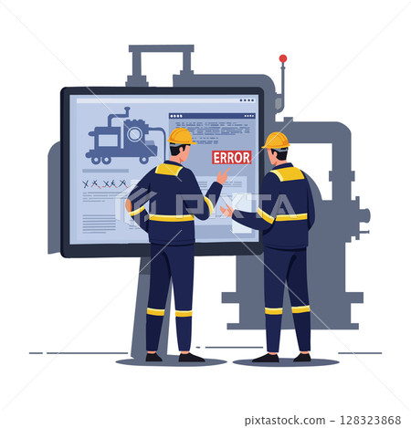 Industrial engineers analyzing machine error on digital screen in factory setting vector illustration 128323868