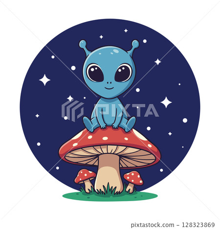 Cute blue alien sitting on red mushroom with white spots in starry night sky vector illustration 128323869