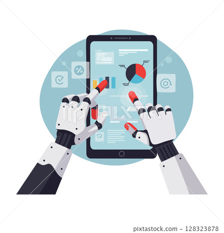 Robot hands interacting with tablet displaying charts and data visualization vector illustration 128323878