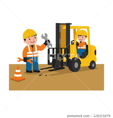 Construction workers repairing forklift with tools and safety gear vector illustration 128323879