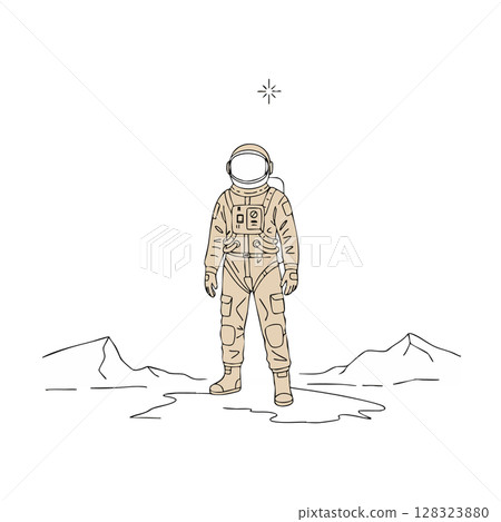 Astronaut standing on alien landscape with star in night sky vector illustration 128323880