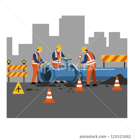 Construction Workers Repairing Large Water Pipe on Urban Roadsite with Safety Cones and Signs Construction Workers Repairing Large Water Pipe on Urban Roadsite with Safety Cones and Signs 128323882