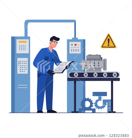 Factory Worker Inspecting Engine on Conveyor Belt in Industrial Manufacturing Setting 128323883