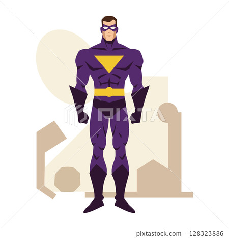 Superhero character in purple costume standing confident with yellow emblem vector illustration Superhero character in purple costume standing confident with yellow emblem vector illustration 128323886