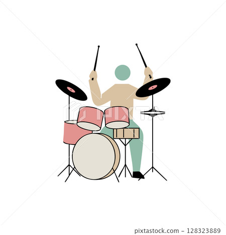 Drummer playing drum set in minimalist style vector illustration with pink drums and teal pants 128323889