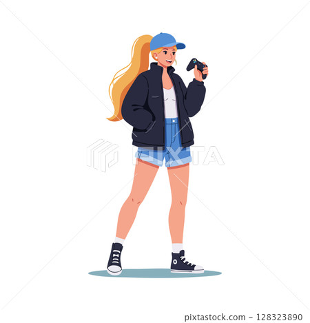 Young woman gamer holding controller in casual outfit vector illustration Young woman gamer holding controller in casual outfit vector illustration 128323890