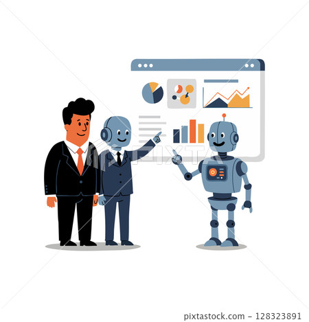 Businessmen and robot discussing data charts and analytics in office presentation vector illustration Businessmen and robot discussing data charts and analytics in office presentation vector illustration 128323891