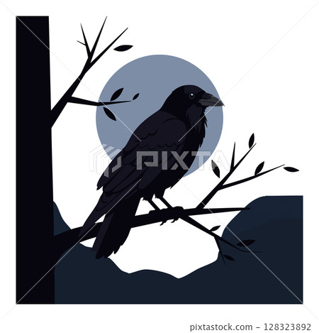 Black crow perched on tree branch with blue moon background nature vector illustration Black crow perched on tree branch with blue moon background nature vector illustration 128323892