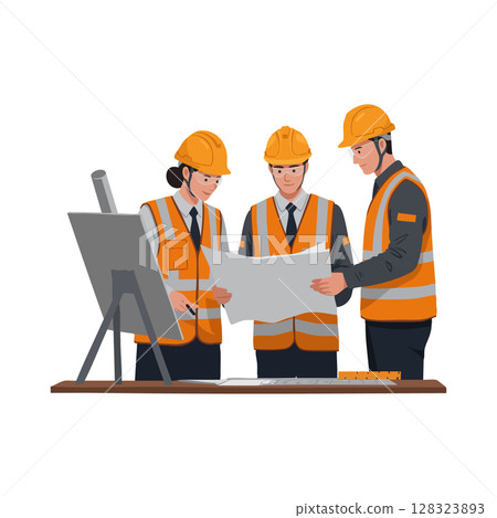 Construction engineers reviewing building plans in safety helmets and orange vests vector illustration 128323893