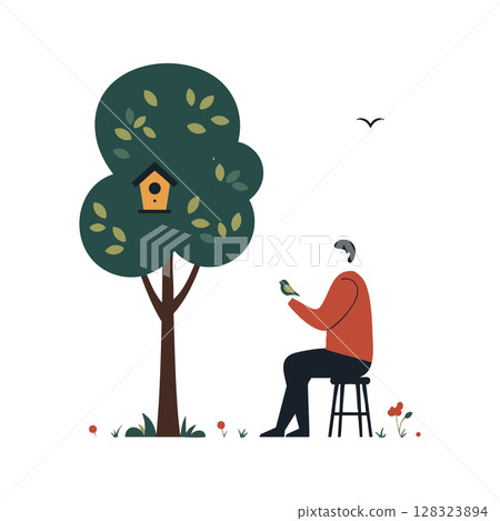 Man Sitting on Stool Feeding Bird Near Tree with Birdhouse and Flying Bird Vector Illustration 128323894