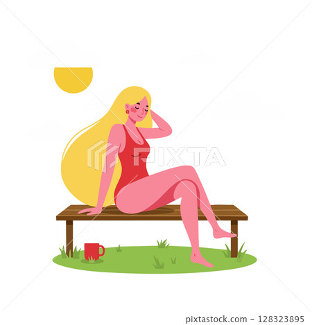 Woman relaxing on wooden bench with red swimsuit and yellow hair under sun vector illustration 128323895