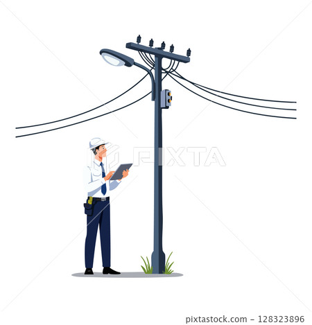 Electrician inspecting power pole with wires and street lamp vector illustration 128323896
