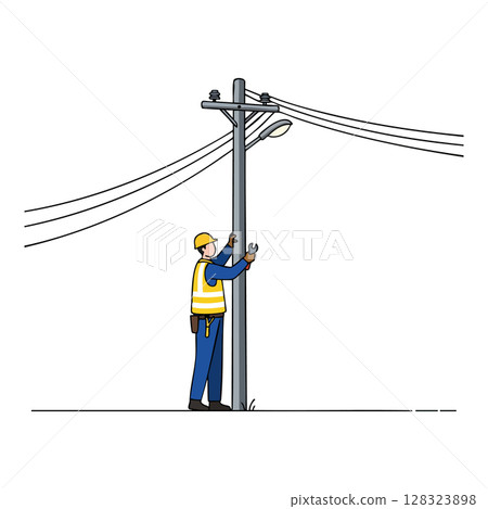 Electrician working on utility pole with wires and safety gear vector illustration Electrician working on utility pole with wires and safety gear vector illustration 128323898