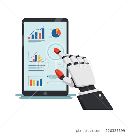 Robot hand interacting with data charts on tablet screen technology illustration Robot hand interacting with data charts on tablet screen technology illustration 128323899