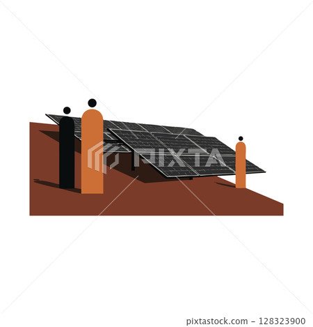 Solar panels installation with black and orange human figures vector illustration Solar panels installation with black and orange human figures vector illustration 128323900