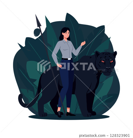 Woman standing with spear and black panther in dark green leaves background vector illustration Woman standing with spear and black panther in dark green leaves background vector illustration 128323901