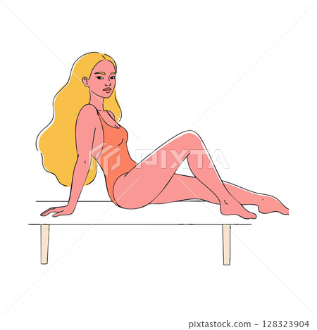 Woman with long blonde hair in orange swimsuit sitting on bench vector illustration 128323904