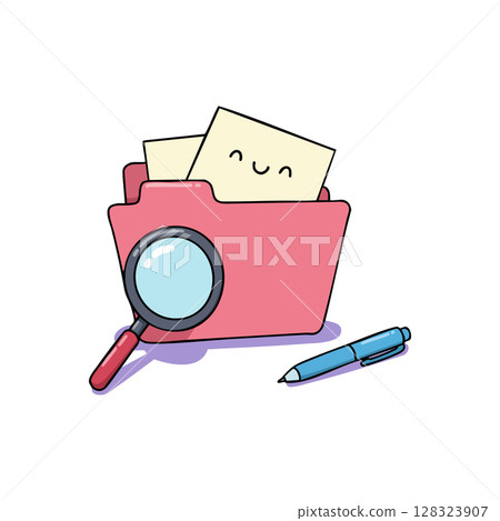 Cute pink folder with magnifying glass and smiling paper note vector illustration 128323907