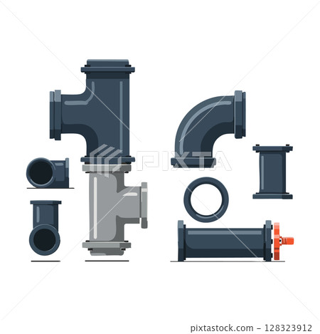 Industrial plumbing pipe fittings set with valves and connectors in grey and black vector illustration Industrial plumbing pipe fittings set with valves and connectors in grey and black vector illustration 128323912