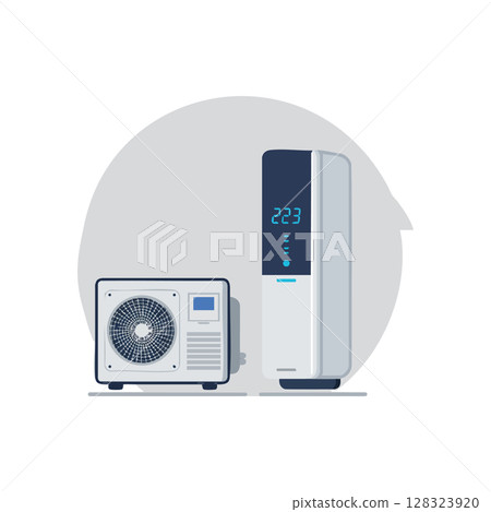 Modern air conditioner unit with digital display and outdoor compressor vector illustration Modern air conditioner unit with digital display and outdoor compressor vector illustration 128323920