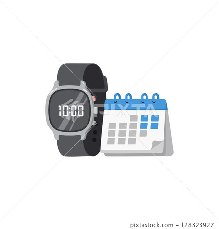 Digital smartwatch and blue desktop calendar illustration with date marking vector Digital smartwatch and blue desktop calendar illustration with date marking vector 128323927