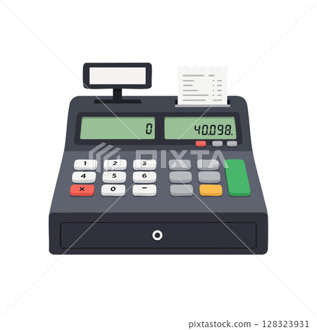 Cash register with receipt and numeric keypad vector illustration Cash register with receipt and numeric keypad vector illustration 128323931