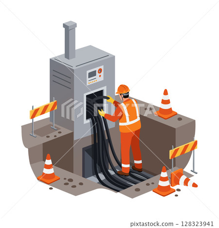 Worker Installing Underground Electrical Cables in Construction Site with Safety Gear and Barriers VECTOR Worker Installing Underground Electrical Cables in Construction Site with Safety Gear and Barriers VECTOR 128323941
