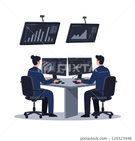 Business professionals analyzing data on multiple screens in modern office setting vector illustration 128323946