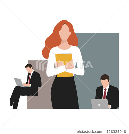 Businesswoman standing with folder and colleagues working on laptops in office setting vector illustration 128323948