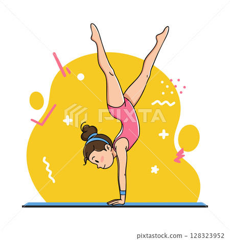 Girl Performing Handstand Gymnastics Pink Leotard Yellow Background Vector Illustration Girl Performing Handstand Gymnastics Pink Leotard Yellow Background Vector Illustration 128323952