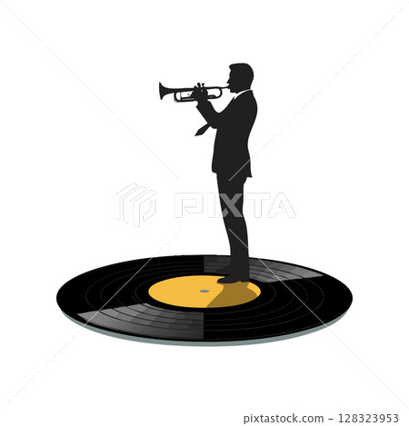 Jazz musician playing trumpet standing on vinyl record music concept vector illustration 128323953
