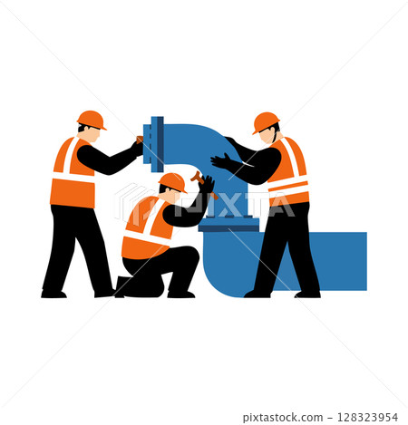 Construction workers installing large blue pipe in safety helmets and vests vector illustration 128323954