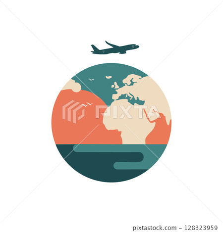 Earth globe with airplane flying above vector illustration in muted colors travel concept 128323959