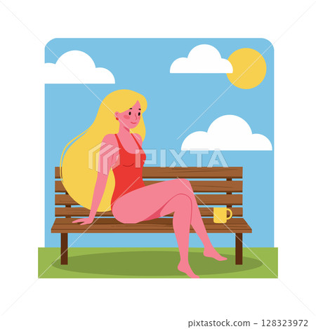 Woman relaxing on park bench enjoying sunny day with coffee cup and clear sky vector illustration Woman relaxing on park bench enjoying sunny day with coffee cup and clear sky vector illustration 128323972