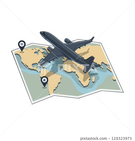 Airplane flying over world map with location pins for travel planning vector illustration 128323973