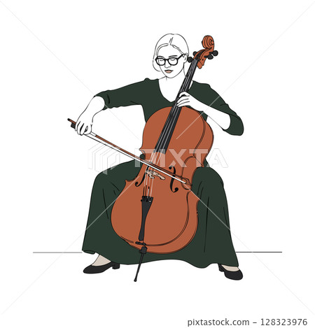 Woman playing cello in dark green dress with glasses seated and focused vector illustration Woman playing cello in dark green dress with glasses seated and focused vector illustration 128323976