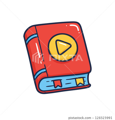 Red educational book with play button icon and blue bookmark vector illustration 128323991
