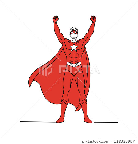 Superhero in red costume with raised fists and flowing cape vector illustration Superhero in red costume with raised fists and flowing cape vector illustration 128323997