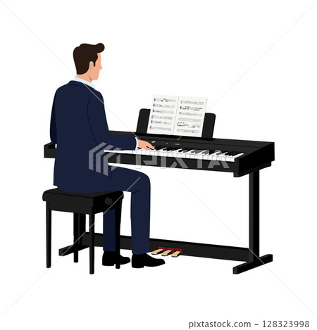 Man Playing Digital Piano with Sheet Music Seated on Stool Vector Illustration 128323998