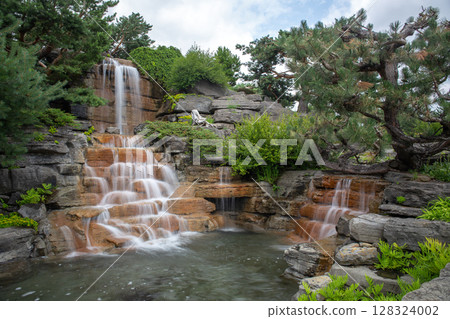 Beautiful waterfall in the China Garden in Montreal. 128324002