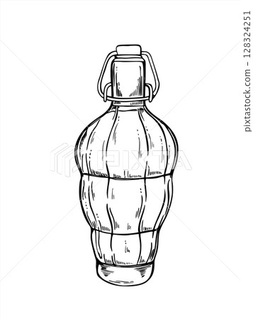 Oval ribbed bottle with flip top reusable closure monochrome vector illustration. Etching drawing of glass bottle with drink for limoncello, craft lemonade, artisanal liqueurs, beverage packaging Oval ribbed bottle with flip top reusable closure monochrome vector illustration. Etching drawing of glass bottle with drink for limoncello, craft lemonade, artisanal liqueurs, beverage packaging 128324251