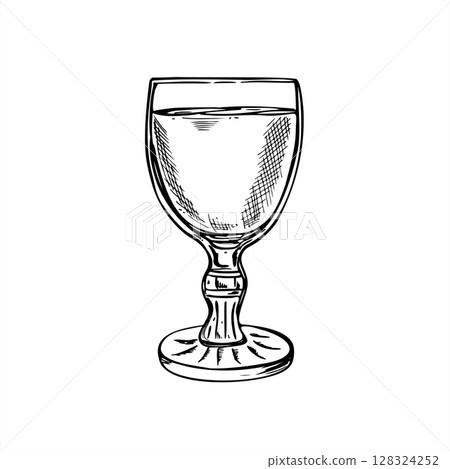 Monochrome vector illustration of small stemmed glass with drink for water, wine, vodka, liqueur or limoncello. Wineglass for bar menu, alcohol branding, upscale packaging, cocktail event graphic. 128324252