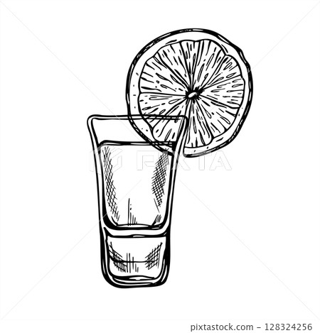 Shot glass with drink and lemon wedge hanging on rim black and white vector illustration painted by black inks. Cool alcohol drink with citrus sketch for bar menu, cocktail recipe, party invitation. 128324256