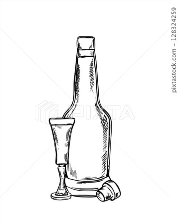 Open liquor bottle with cork, stemmed shot glass monochrome vector illustration painted by black inks. Beverage composition for alcohol branding, bar menus, craft packaging, mixology design. 128324259