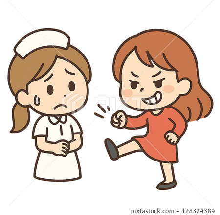 一名男子試圖毆打或踢一名護士的插圖 一名男子試圖毆打或踢一名護士的插圖 128324389