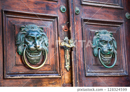 Wooden Door with Lion Knockers Wooden Door with Lion Knockers 128324599