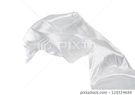 Flowing white fabric flying on white background. Flowing white fabric flying on white background. 128324684